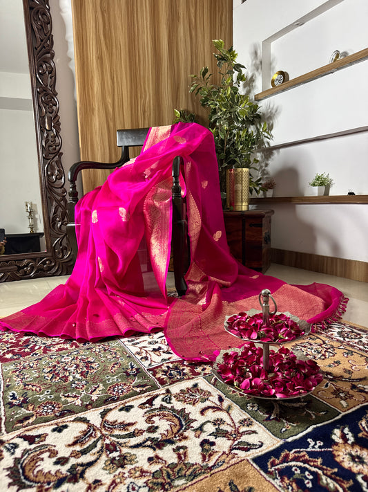 Pink saree with floral patterns on a patterned rug