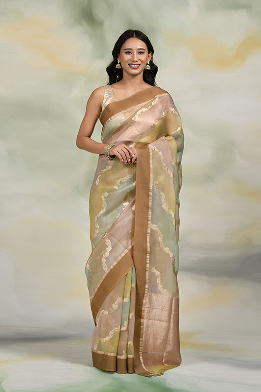 Shades of Light Brown, Powder Blue and Pink Lehariya Rangkat Pure Kora Silk Handloom Banarasi Saree