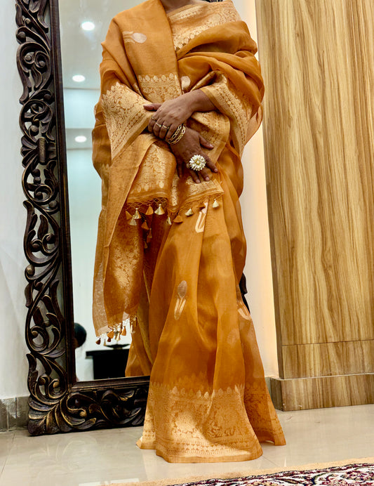 Earthy Brown  Pure Kora Silk Handloom Banarasi Saree
