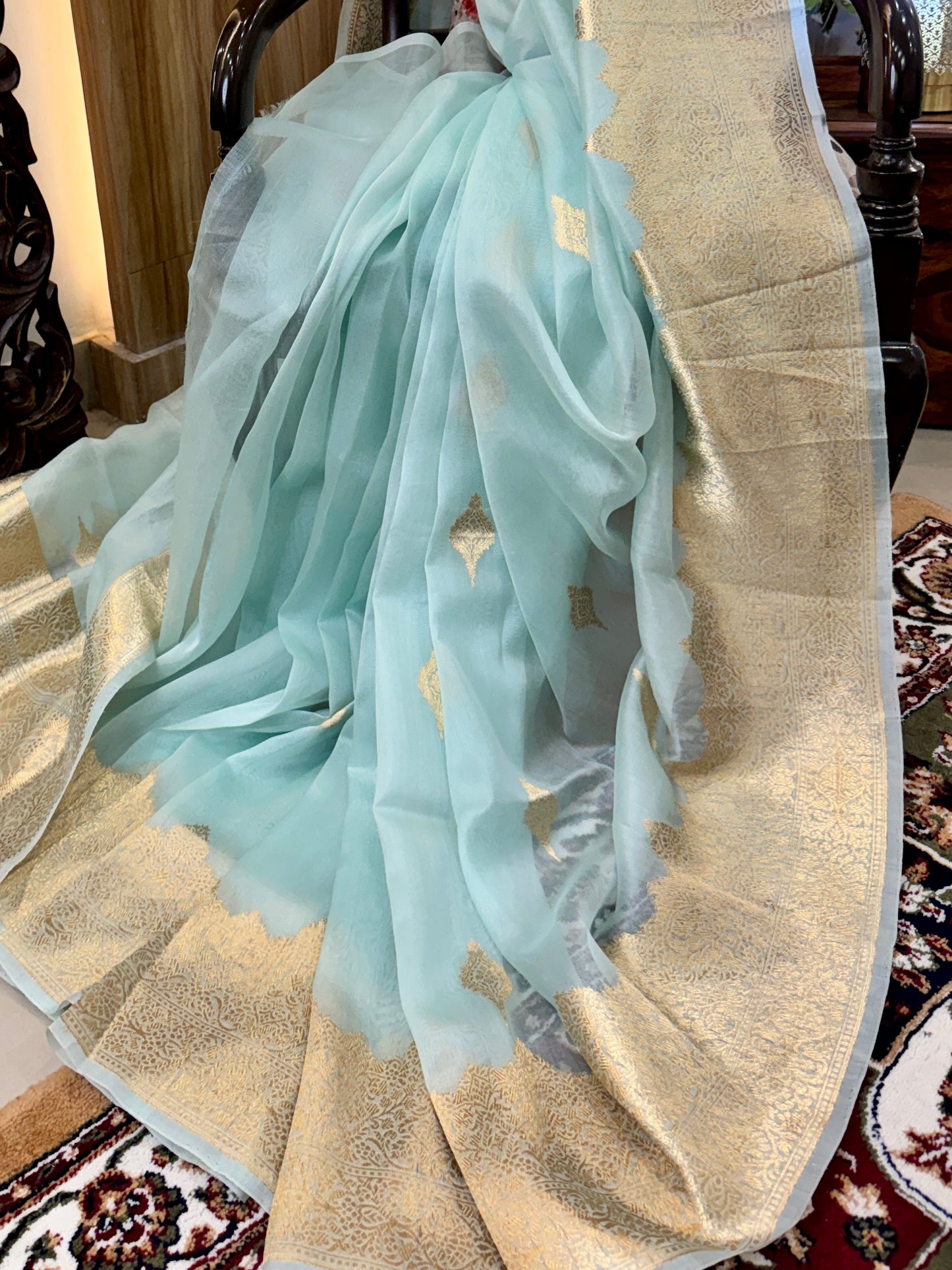 Sea Green Pure Kora Silk Handloom Banarasi Saree