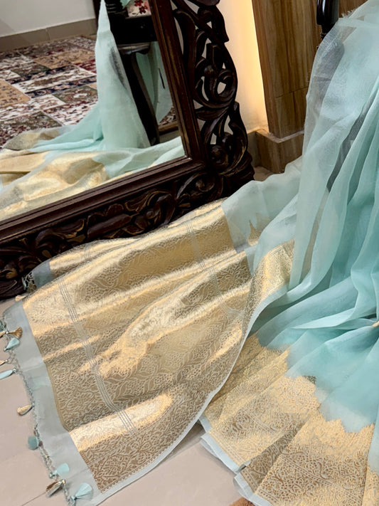 Sea Green Pure Kora Silk Handloom Banarasi Saree