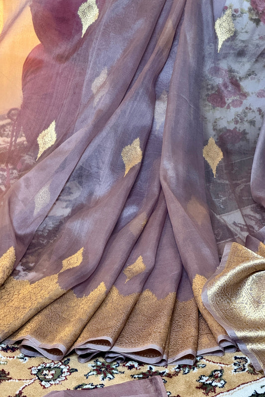 Light Purple Pure Kora Silk Handloom Banarasi Saree