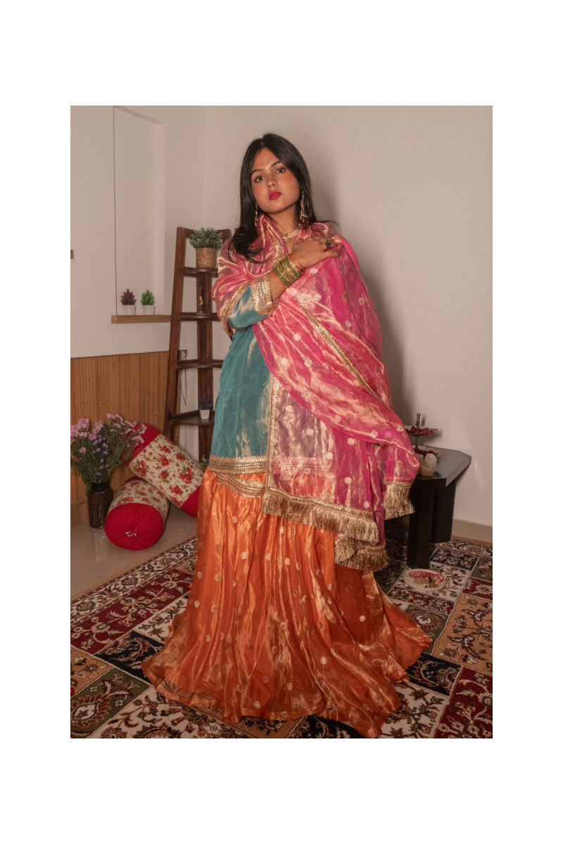 Pink Sky Blue and Orange Pure Tissue Silk Handloom Garara Set