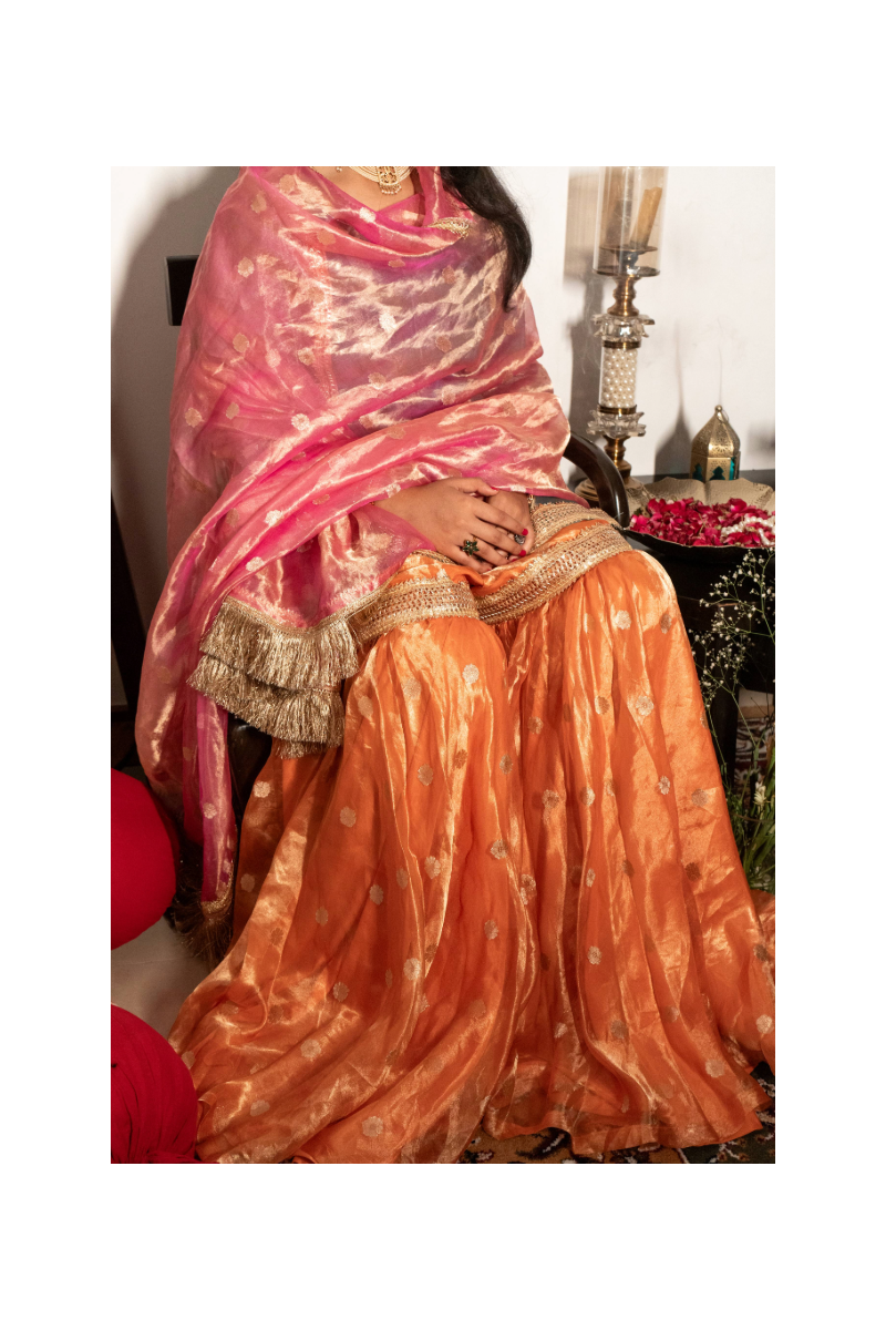 Pink Sky Blue and Orange Pure Tissue Silk Handloom Garara Set