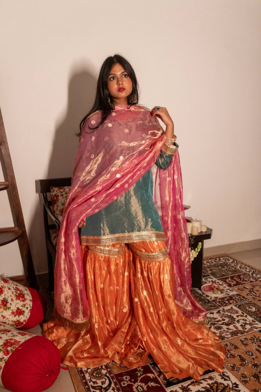Pink Sky Blue and Orange Pure Tissue Silk Handloom Garara Set