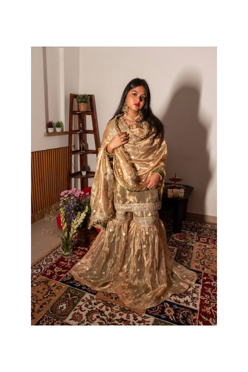 Offwhite Golden Pure Tissue Silk Handloom Garara Set