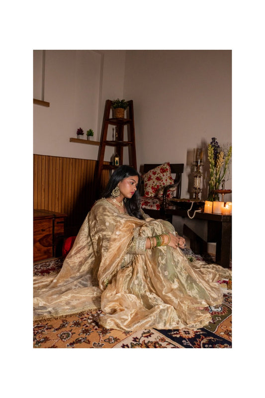 Offwhite Golden Pure Tissue Silk Handloom Garara Set