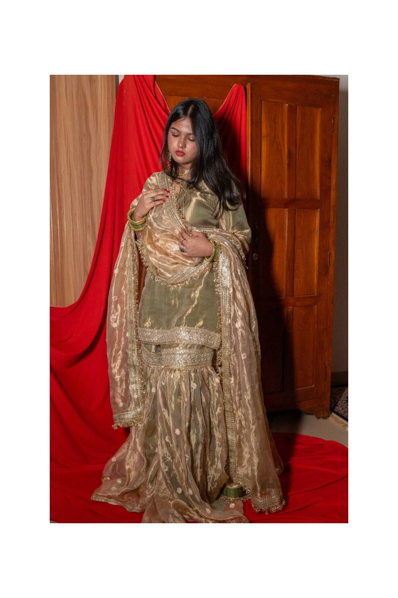 Offwhite Golden Pure Tissue Silk Handloom Garara Set