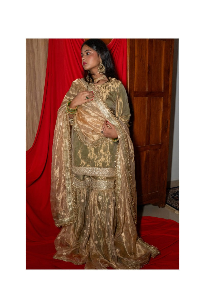 Offwhite Golden Pure Tissue Silk Handloom Garara Set