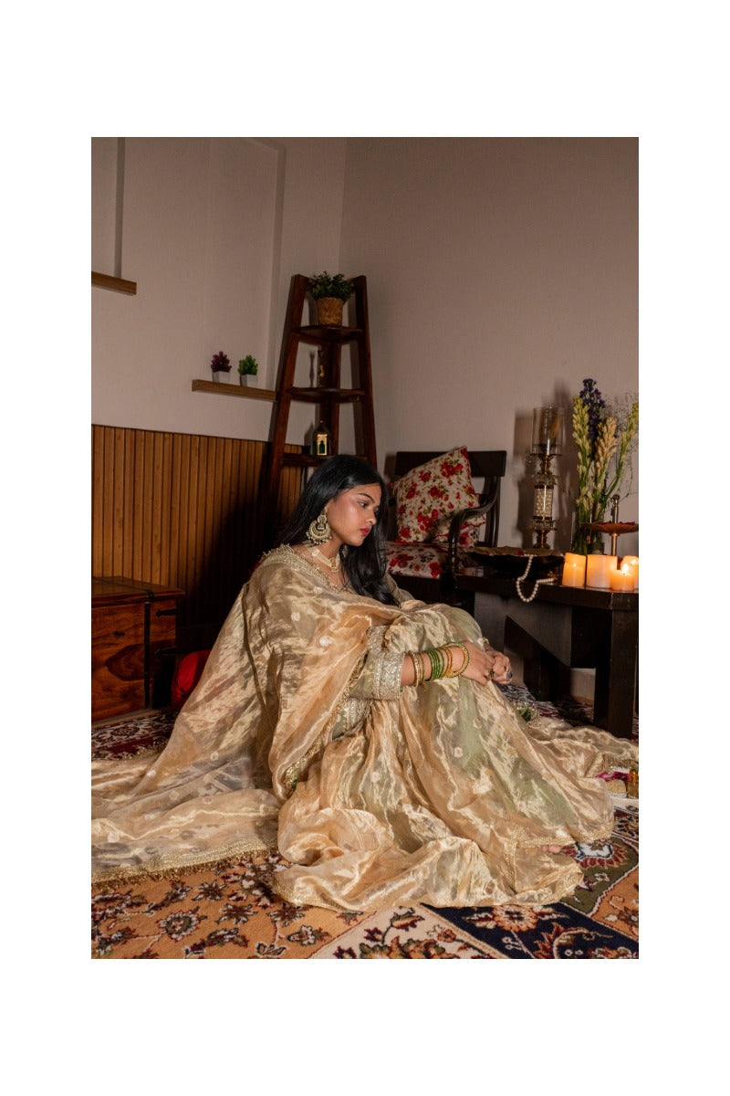 Offwhite Golden Pure Tissue Silk Handloom Garara Set