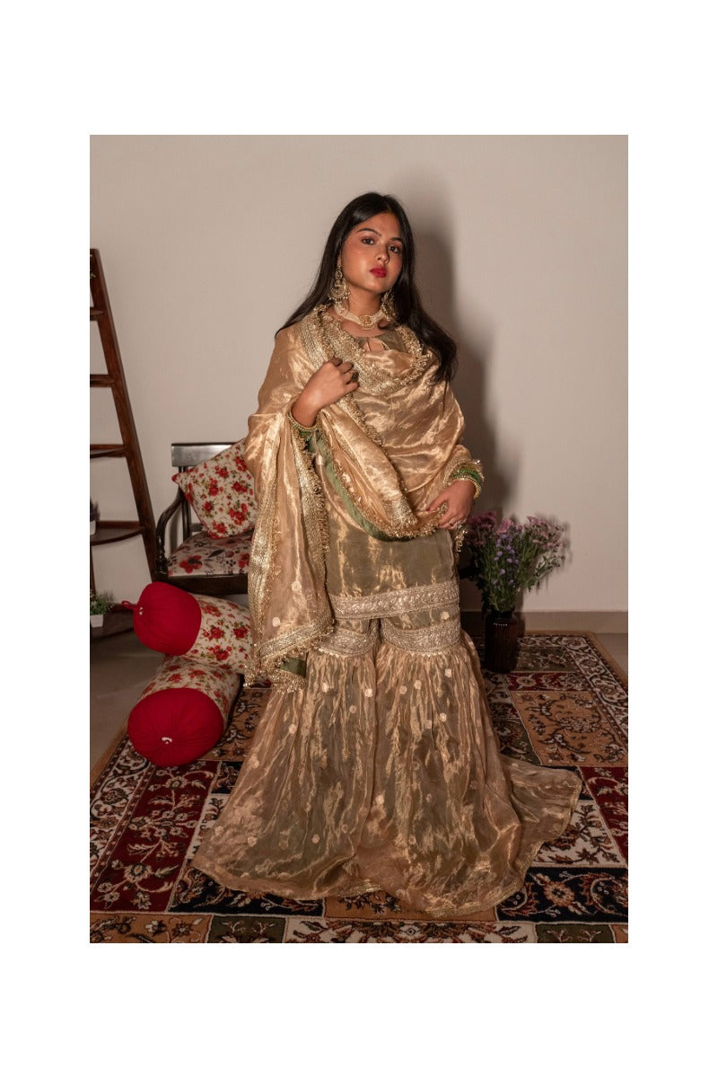 Offwhite Golden Pure Tissue Silk Handloom Garara Set
