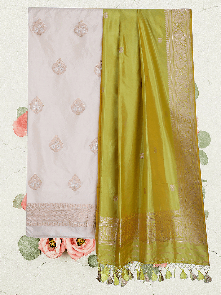 Cream Meenakari Pure Silk Khadwa Handloom Suit with Lemon Green Pure Silk Dupatta