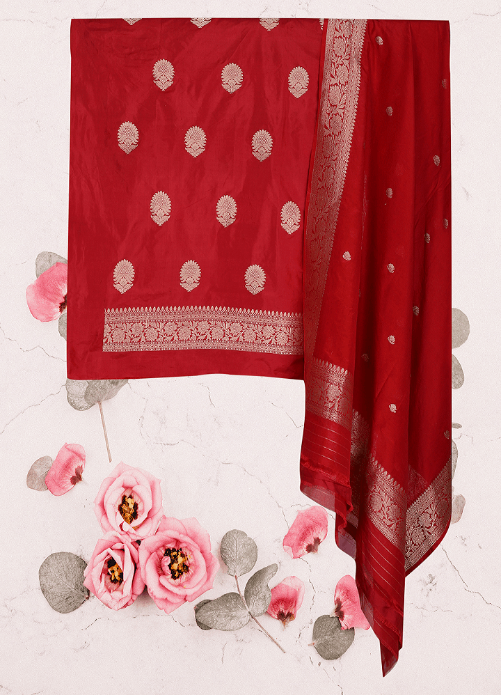 Brick Red Pure Silk Khadwa Handloom Banarasi Suit