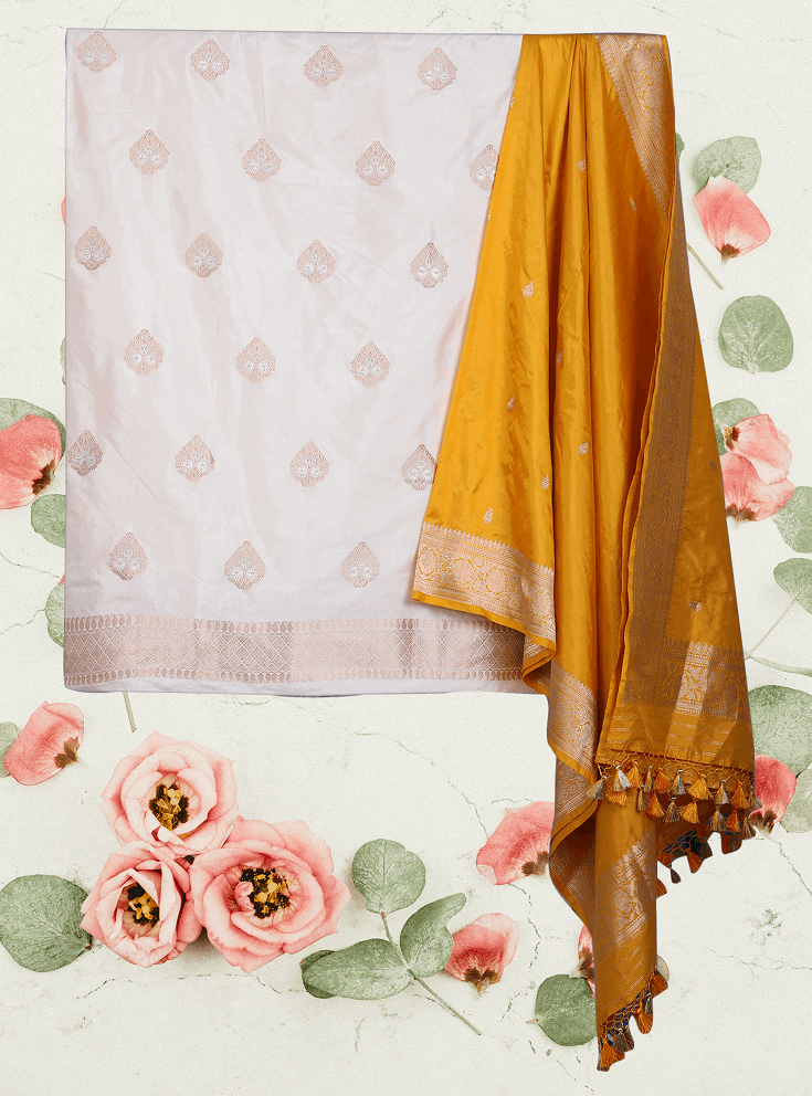 Cream Meenakari Pure Silk Khadwa Handloom Suit with Mustard Yellow Pure Silk Dupatta