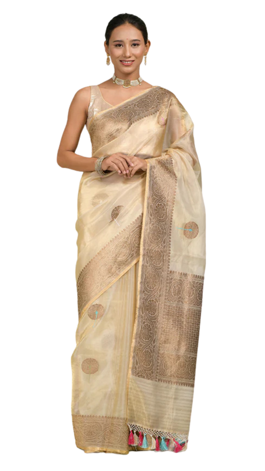 Off White Pure Kora Tissue Handloom Saree with Meenakari