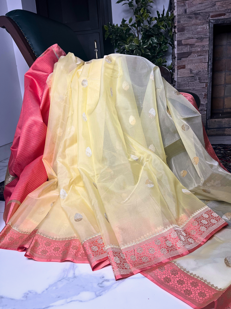 Light Yellow and Pure Kora Silk Handwoven Banarasi Saree