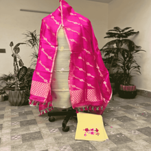 Load image into Gallery viewer, Light Yellow Pure Kora Silk Suit Suit with Pink Lehariya Bel Kora Silk Handwoven Dupatta
