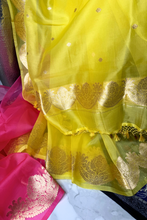 Load image into Gallery viewer, Lemon Yellow  Scallop Pure Kora Silk Handwoven Banarasi Saree
