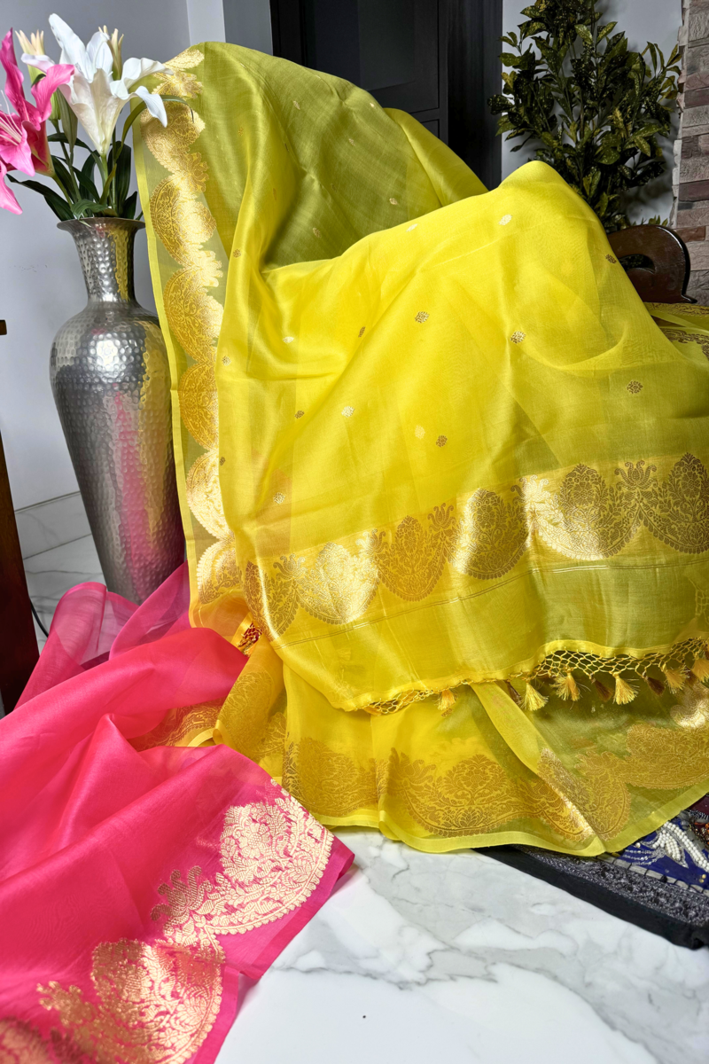Lemon Yellow  Scallop Pure Kora Silk Handwoven Banarasi Saree