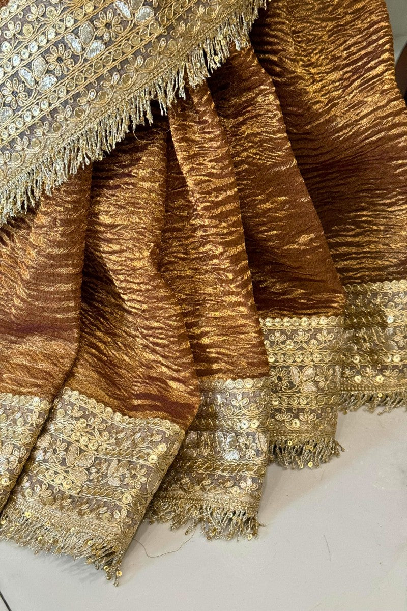 Coke Brown  Pure Crushed Tissue Silk Banarasi Saree