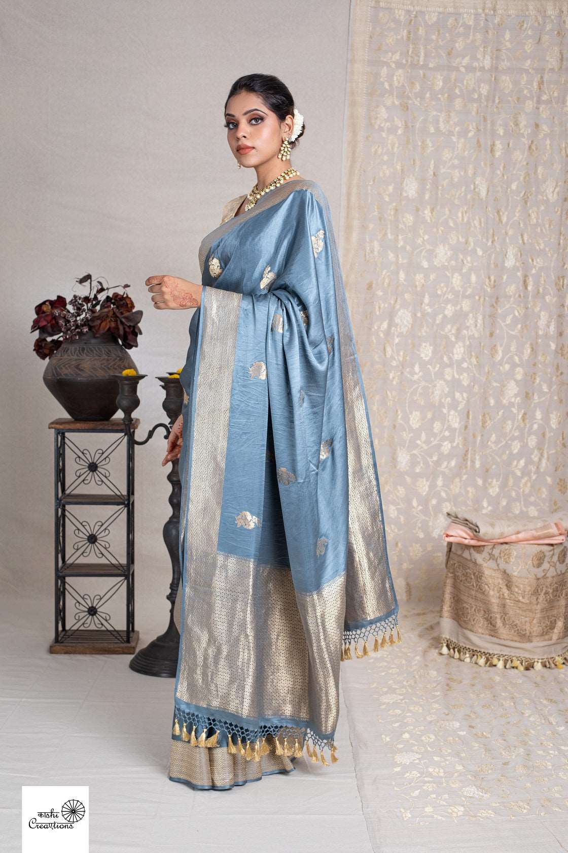 COOL GREY PURE SOFT SATIN SILK DESIGNER HANDLOOM SAREE