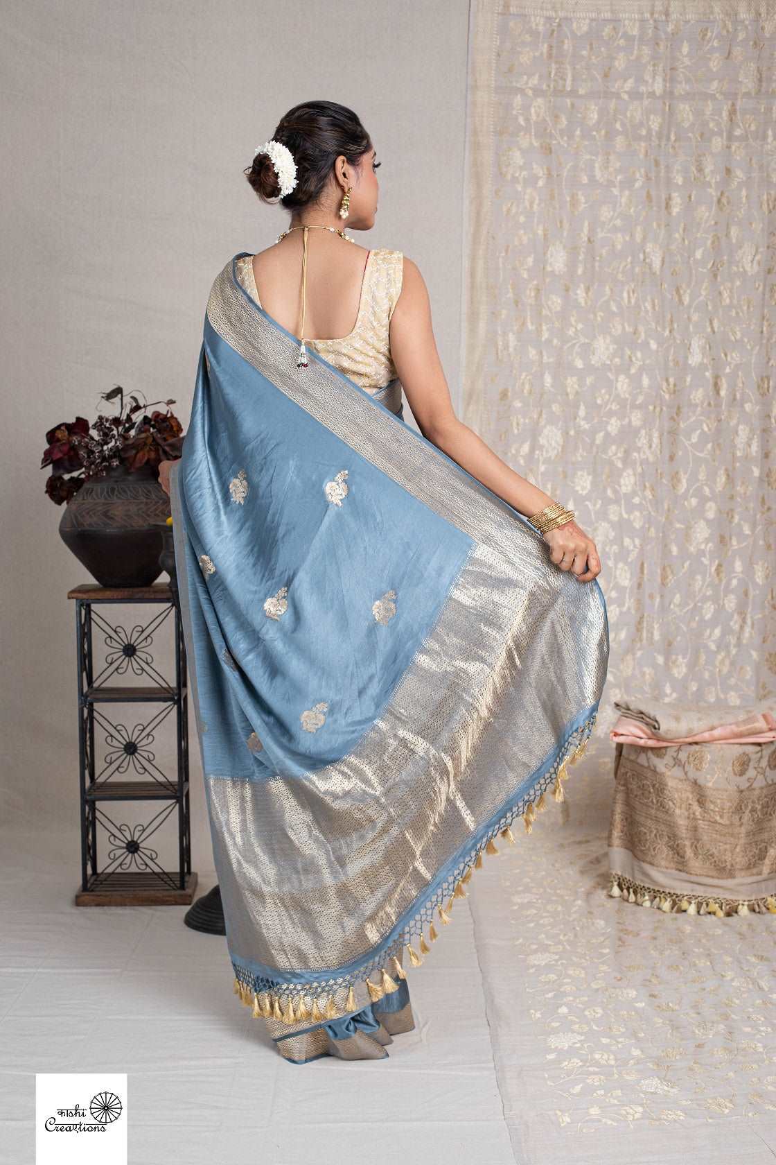 COOL GREY PURE SOFT SATIN SILK DESIGNER HANDLOOM SAREE