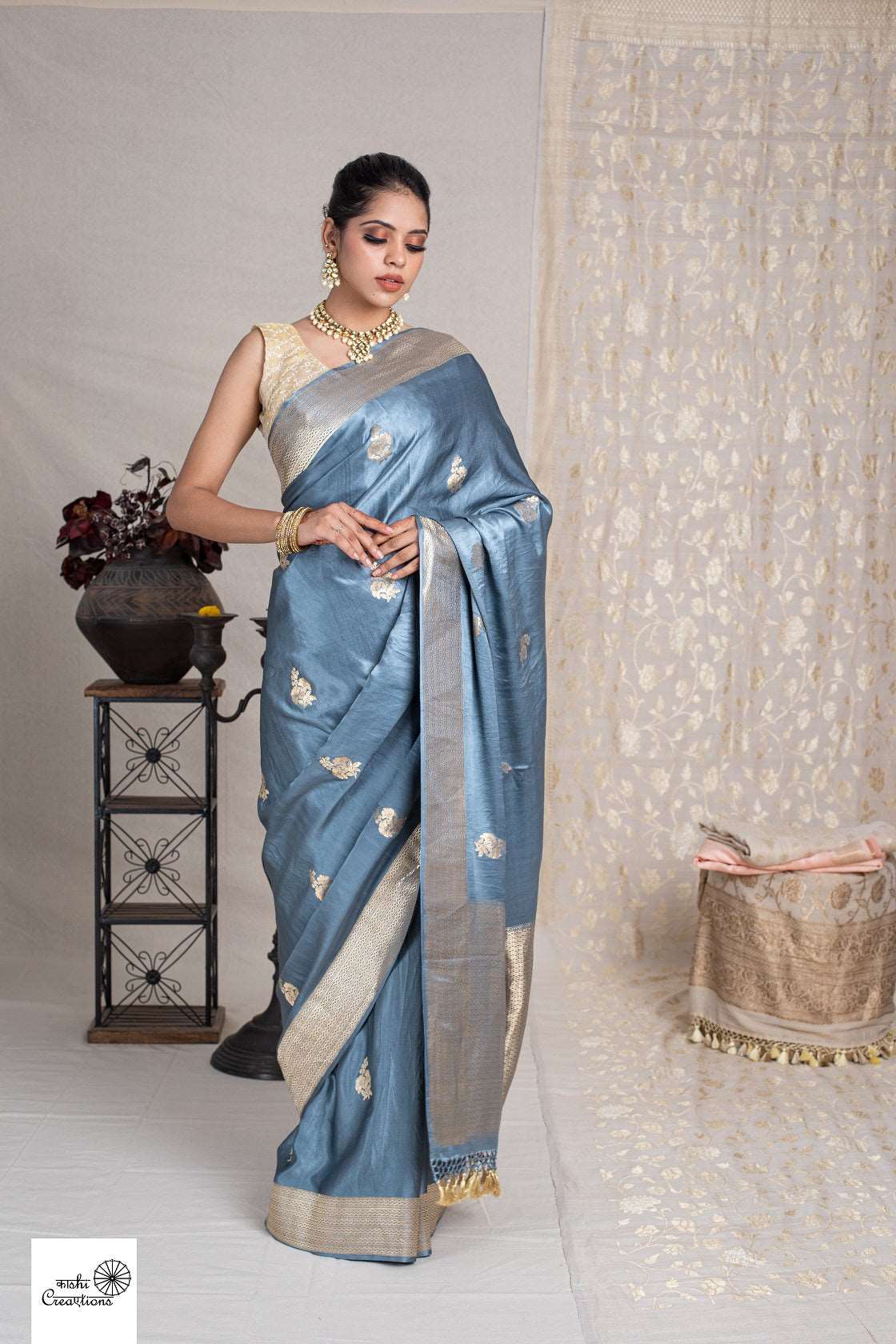 COOL GREY PURE SOFT SATIN SILK DESIGNER HANDLOOM SAREE