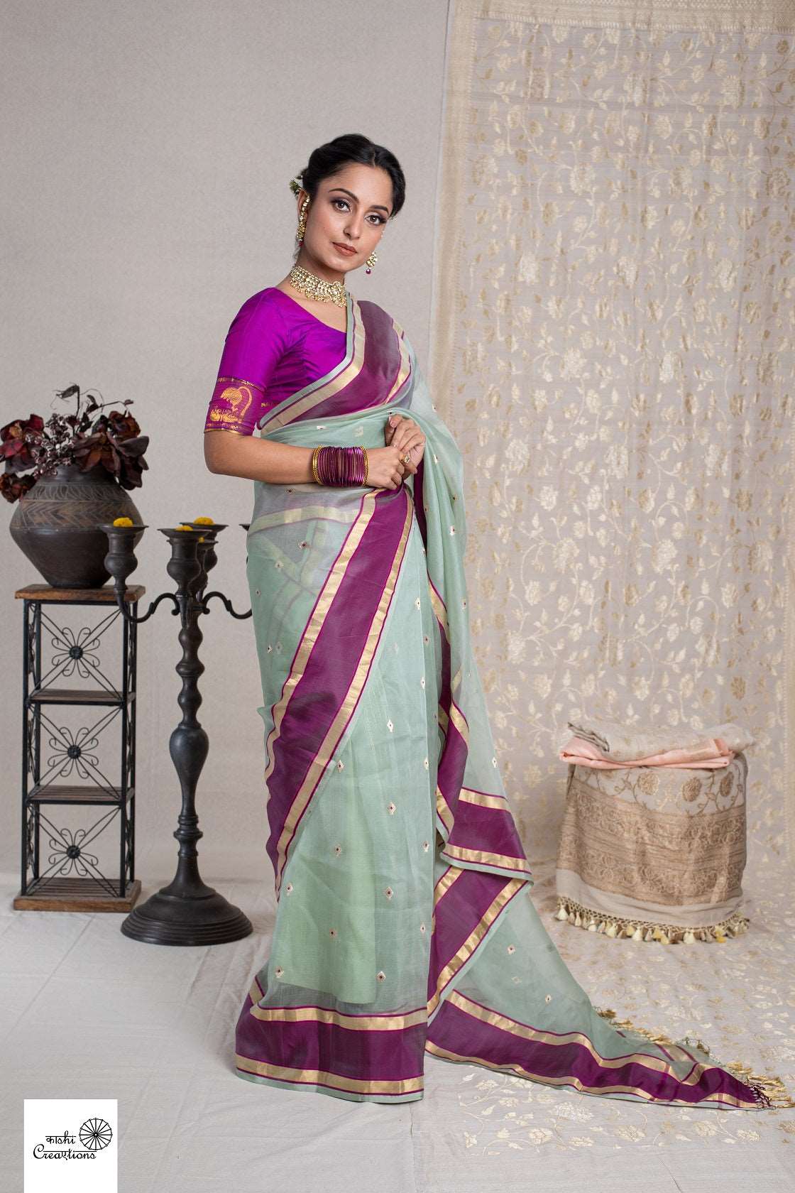 Fern Green and Mulberry Pink Pure Organza Handwoven Khadwa Boota Banarasi Saree