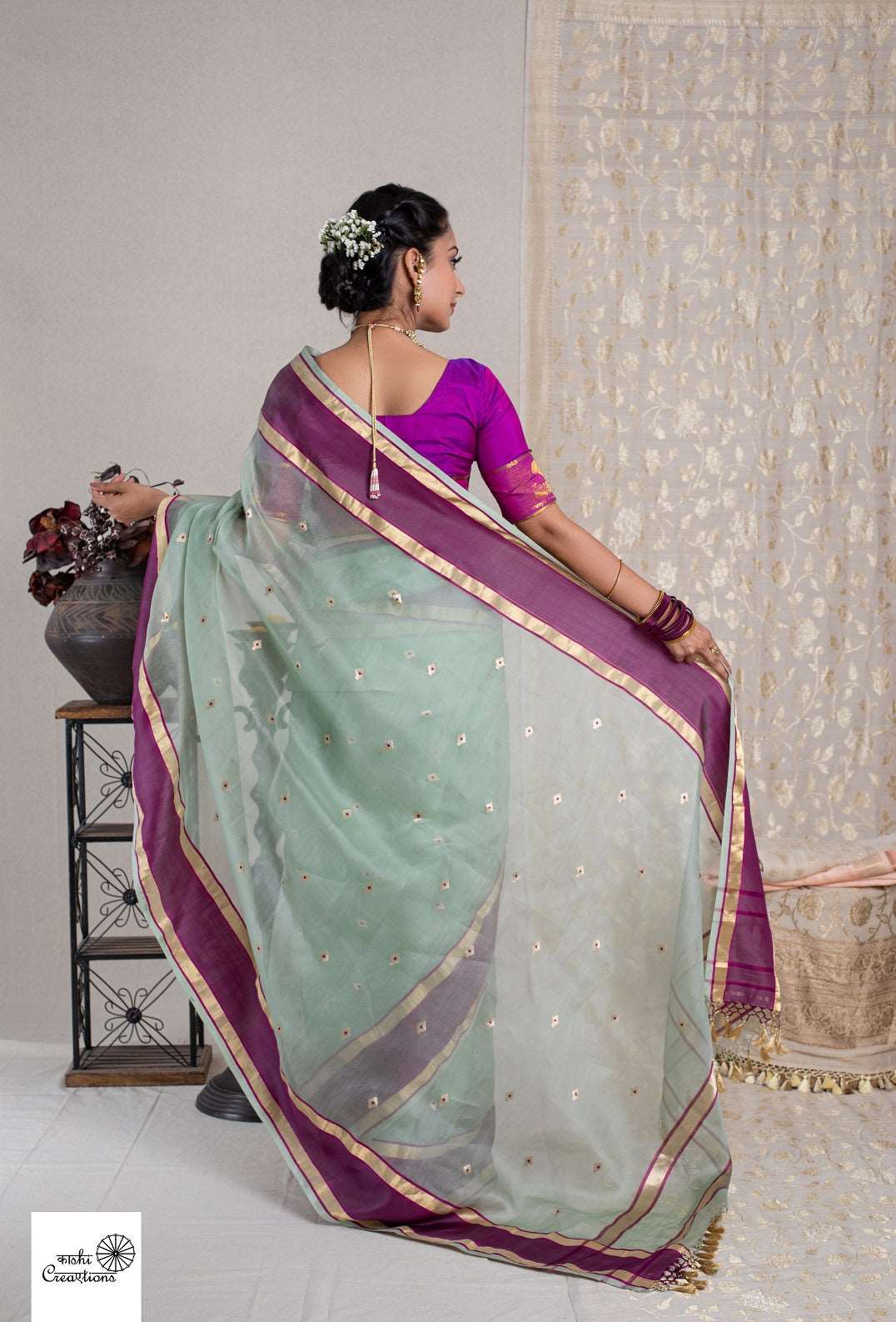 Fern Green and Mulberry Pink Pure Organza Handwoven Khadwa Boota Banarasi Saree