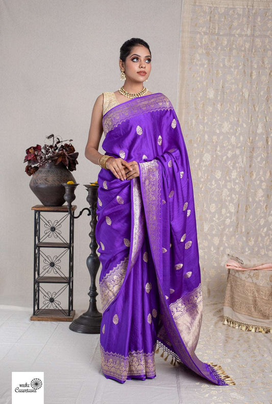 BLUISH PURPLE PURE SATIN SILK DESIGNER HANDLOOM SAREE