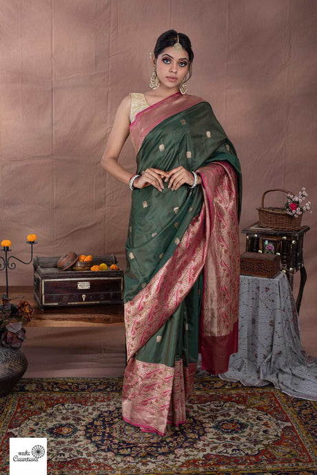 Green and Pink Veena and Dholak Pure Katan Silk Handoom Banarasi Saree