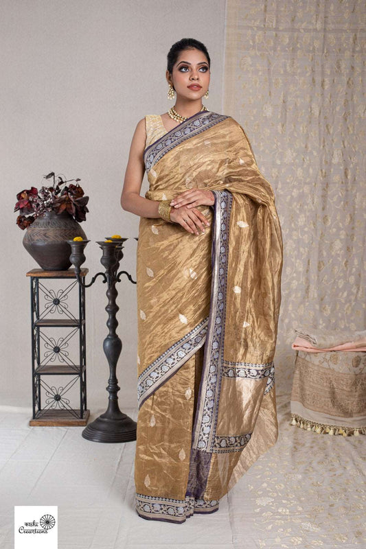 Golden Pure Tissue Metallic Handloom Khadwa Border Booti Banarasi saree