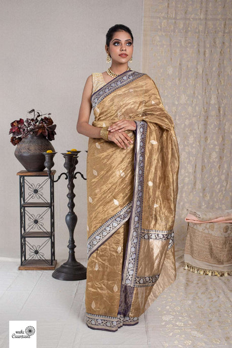 Golden Pure Tissue Metallic Handloom Khadwa Border Booti Banarasi saree