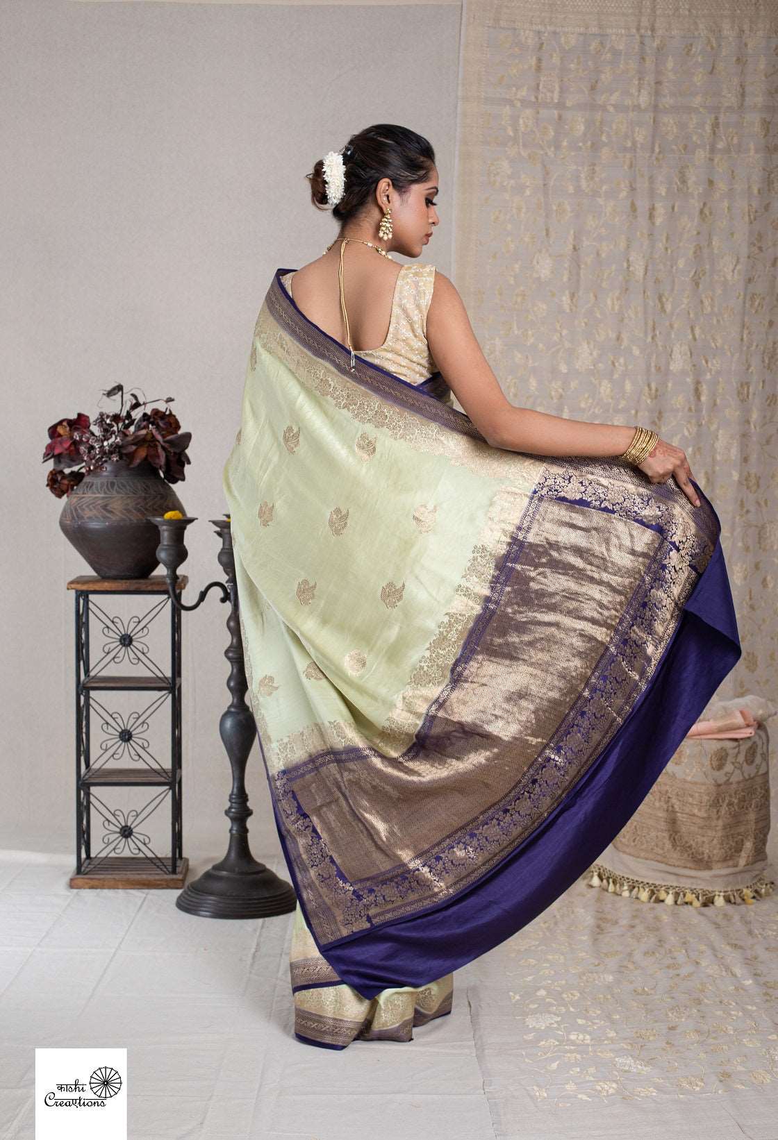 Light Green and Blue Pure Satin Silk Handloom Banarasi Silk Saree