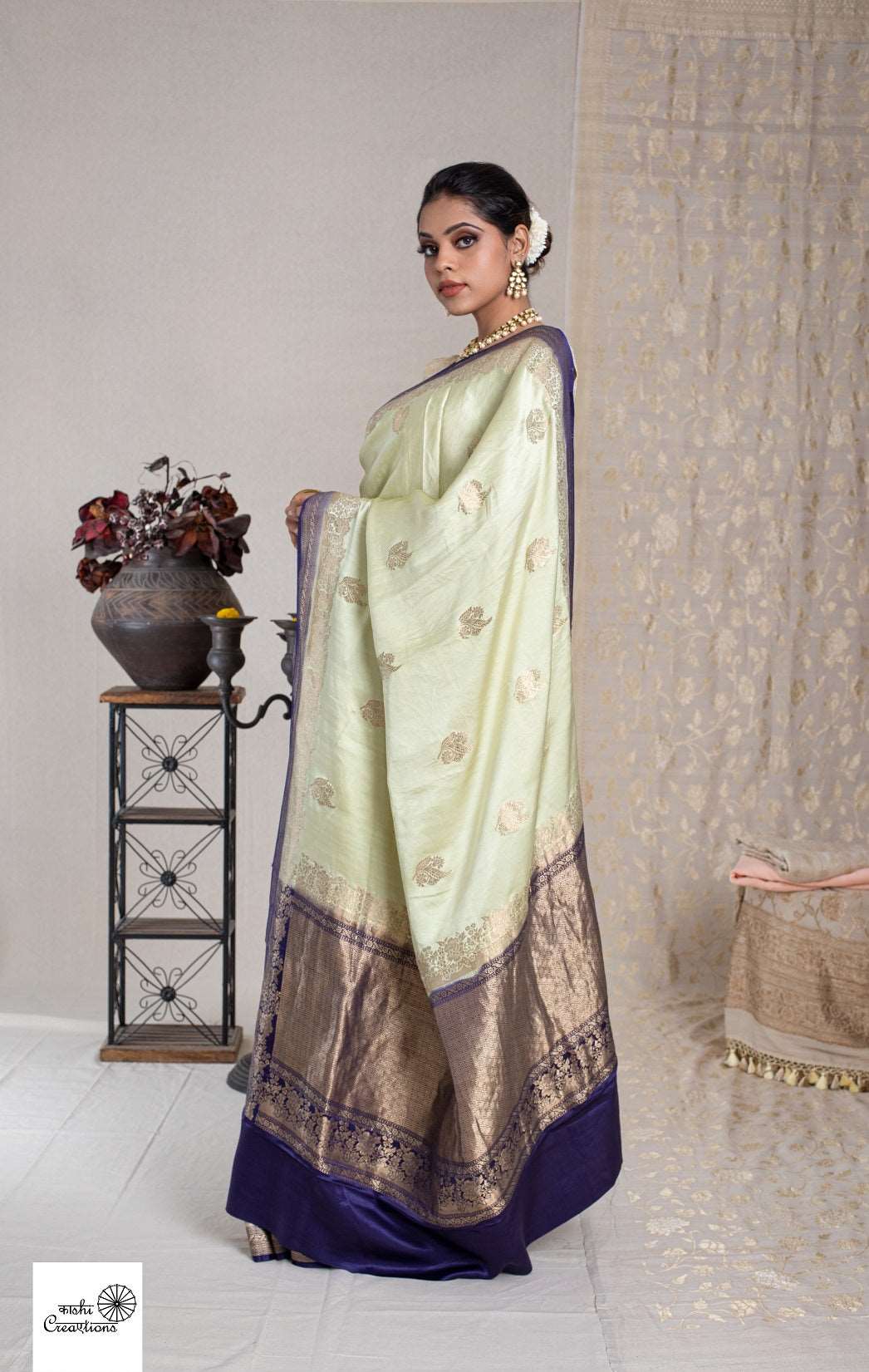 Light Green and Blue Pure Satin Silk Handloom Banarasi Silk Saree