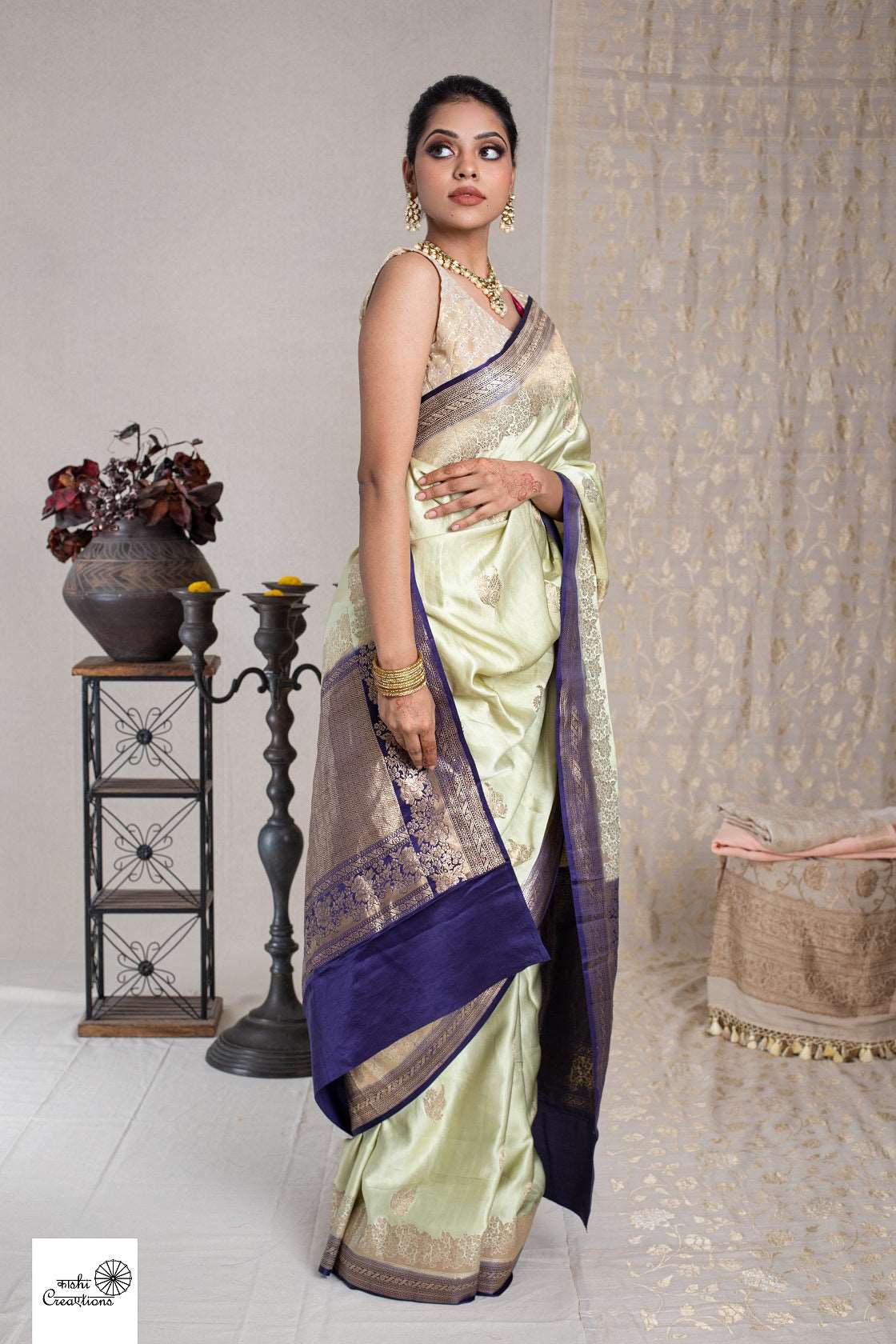 Light Green and Blue Pure Satin Silk Handloom Banarasi Silk Saree