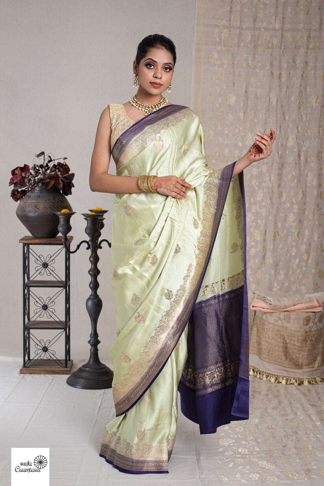 Light Green and Blue Pure Satin Silk Handloom Banarasi Silk Saree