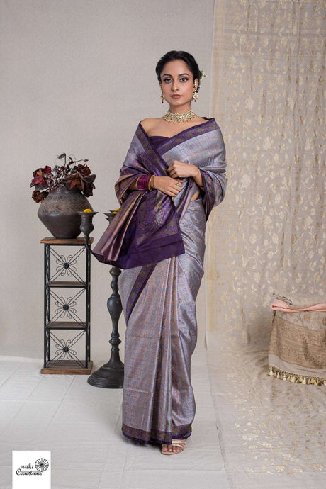 Light dark Purple Tanchoi Jamawar Handloom Silk Saree