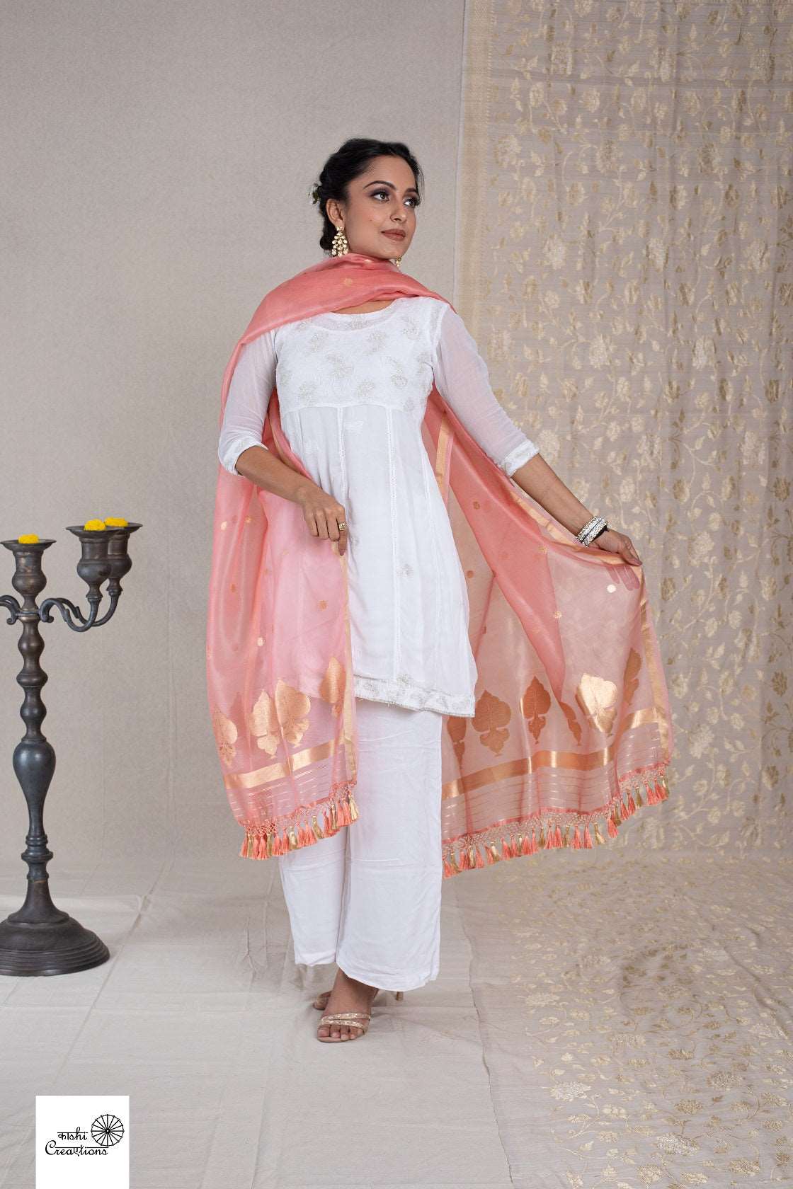 Light Peach Pure Kora Silk Handloom Banarasi Khadwa Dupatta