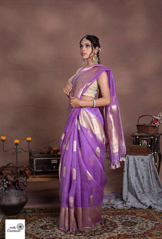 Lavender Pure Kora Silk Handloom Khadwa Border Booti Banarasi Sarees