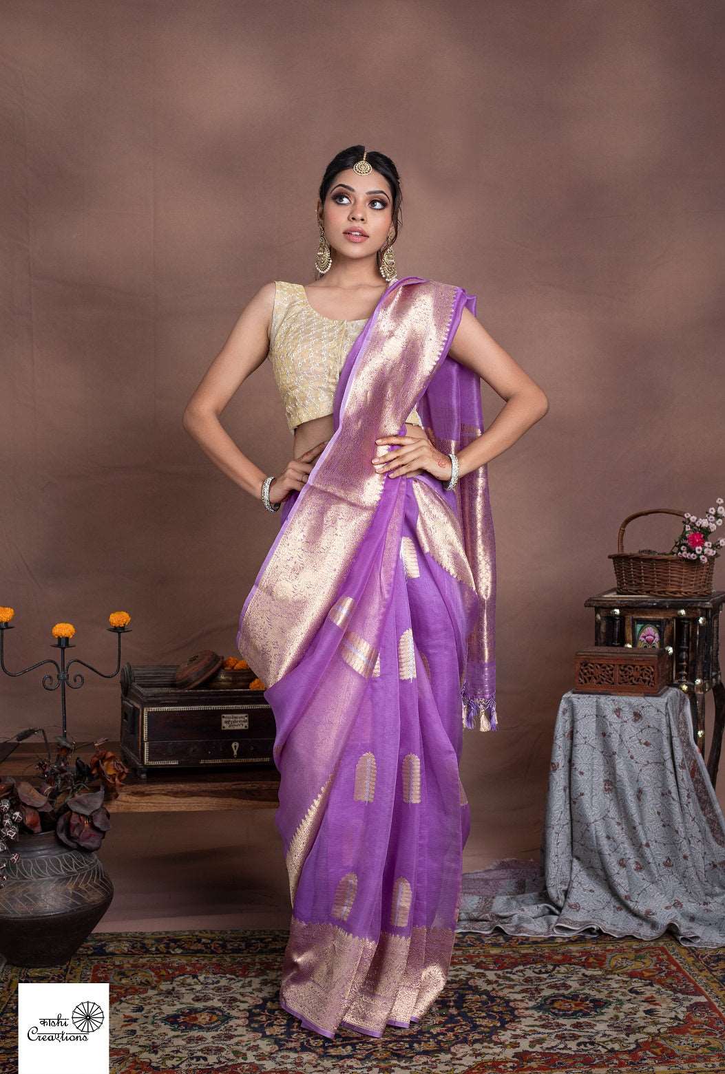 Lavender Pure Kora Silk Handloom Khadwa Border Booti Banarasi Sarees