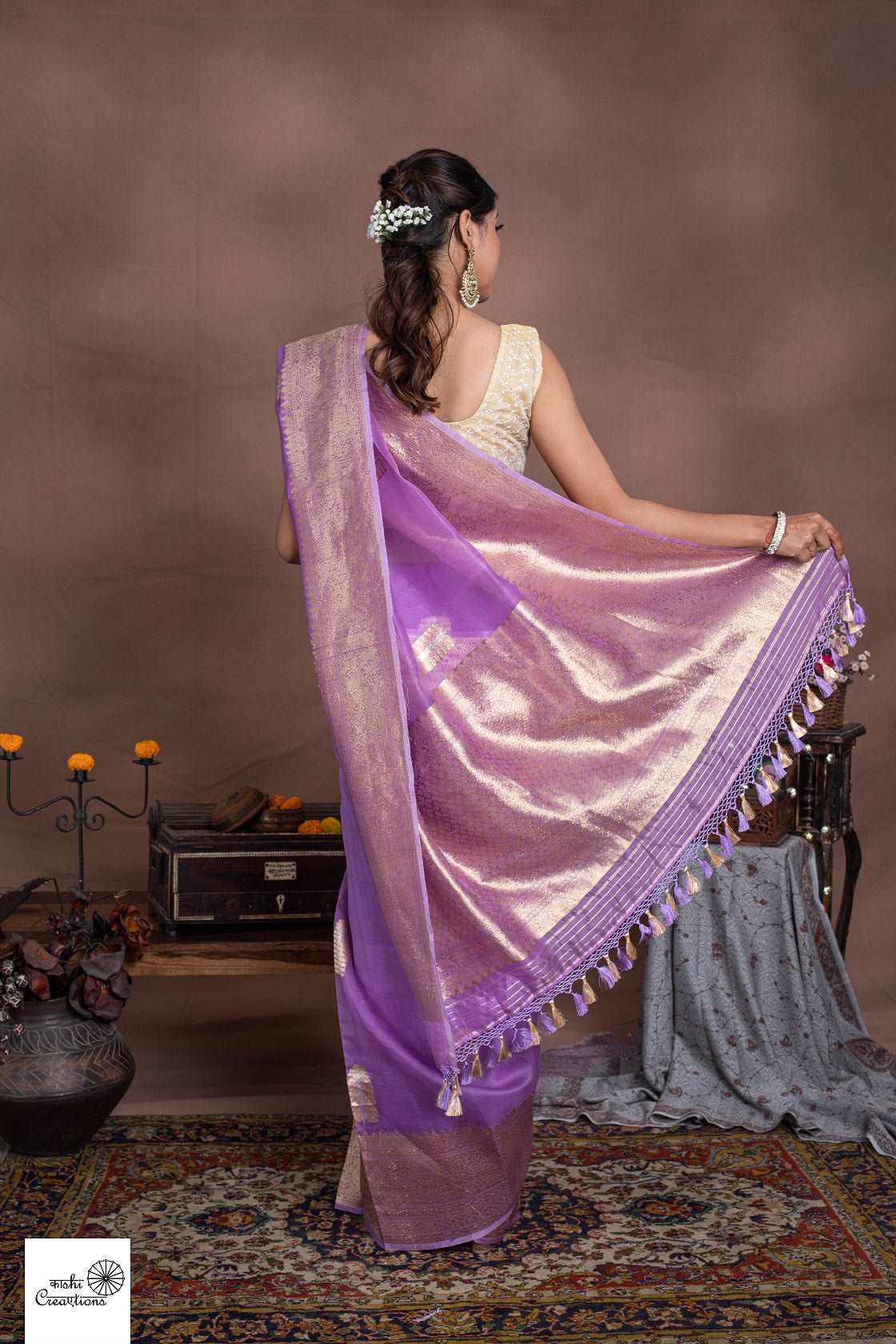 Lavender Pure Kora Silk Handloom Khadwa Border Booti Banarasi Sarees