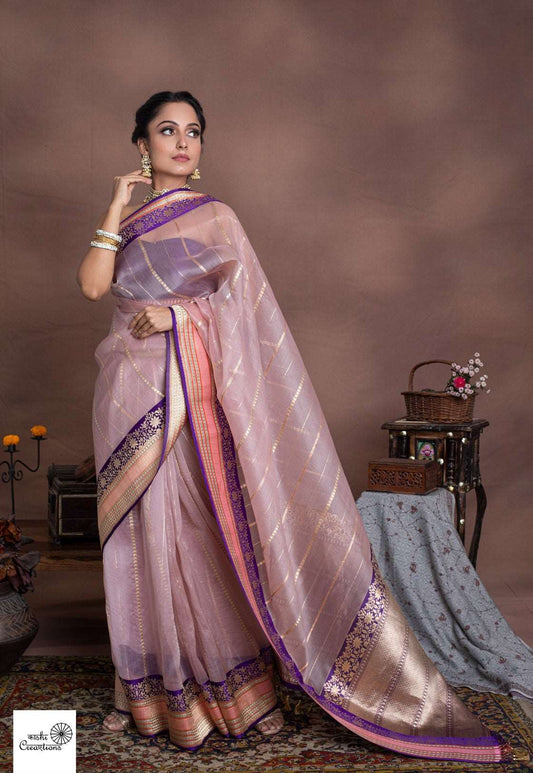 Deep Purple and Punch Pink Pure Organza Designer Handloom Khadwa Banarasi Saree