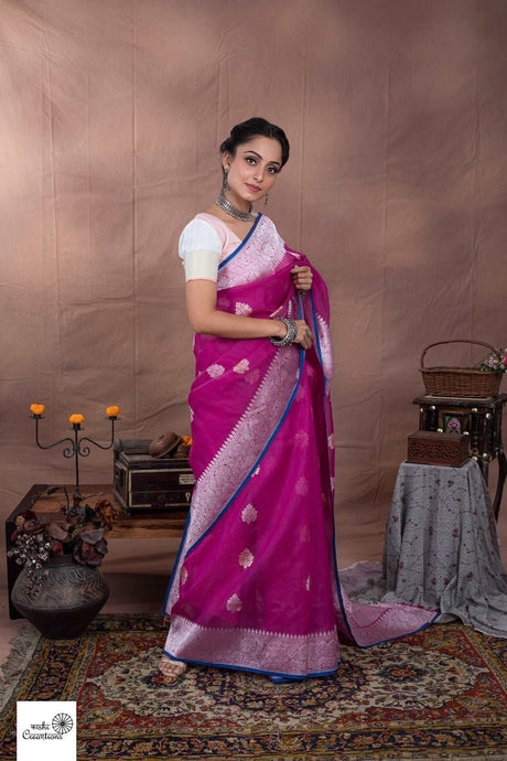 Magenta Pink Pure Kora Silk Handloom Khadwa Banarasi Sarees