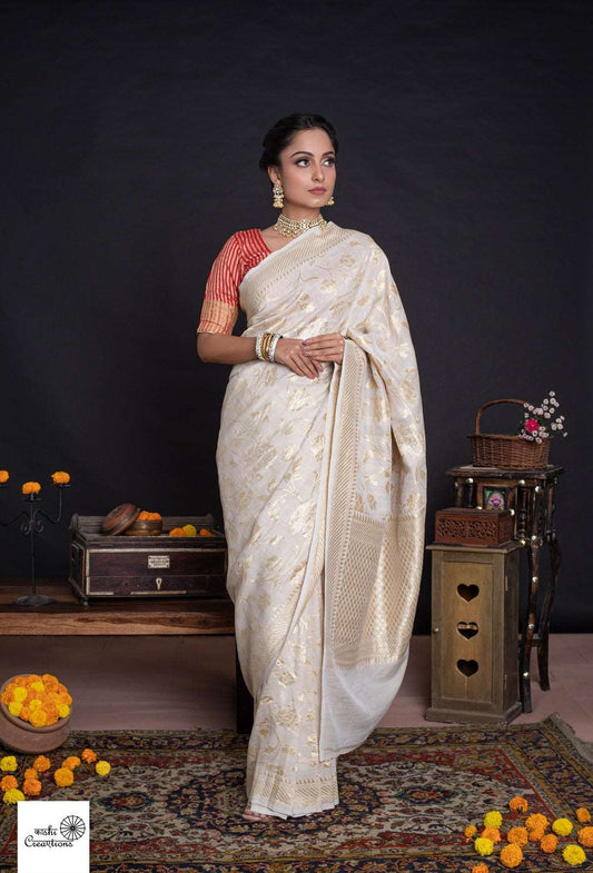 Ivory Golden Pure Tussar Georgette Silk Jungla Cutwork Handloom Banarasi Saree