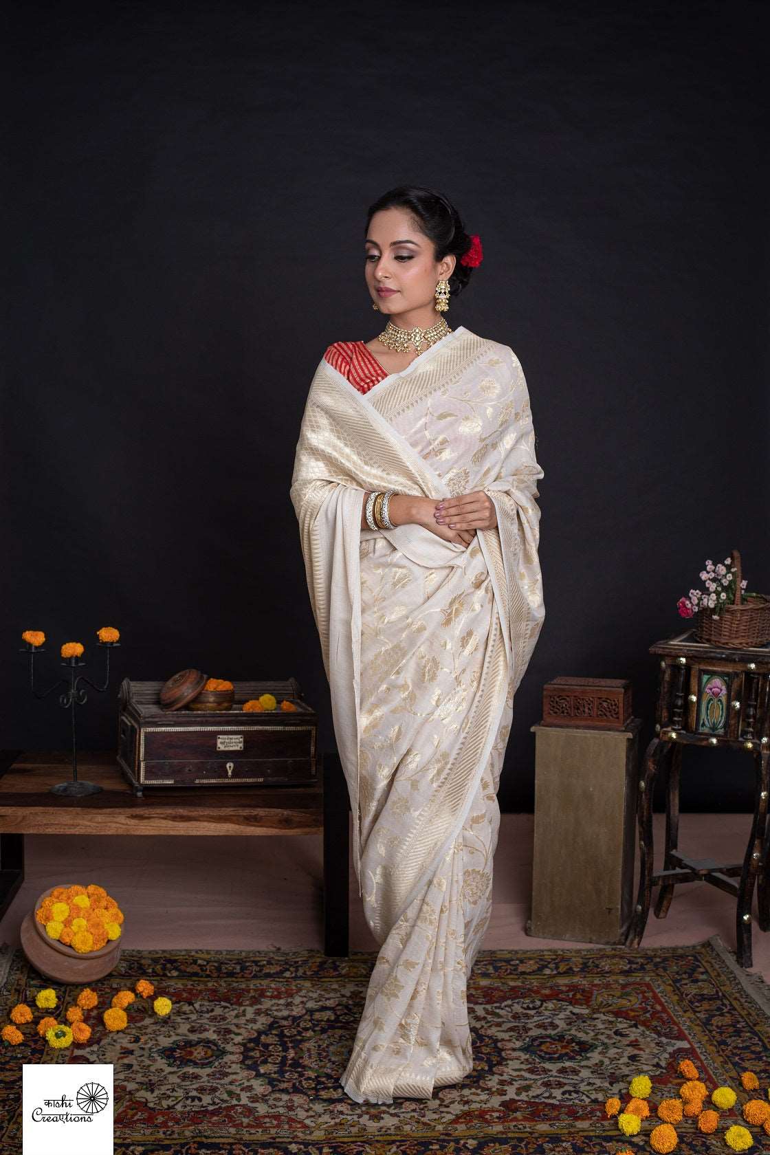 Ivory Golden Pure Tussar Georgette Silk Jungla Cutwork Handloom Banarasi Saree
