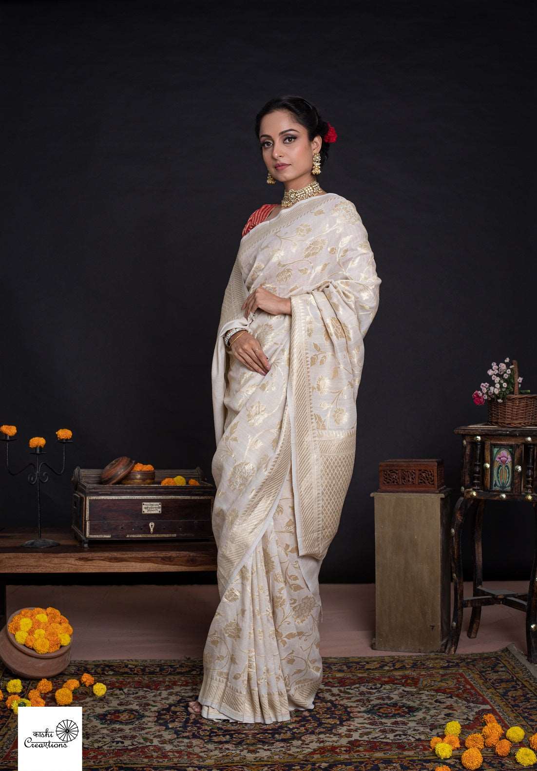 Ivory Golden Pure Tussar Georgette Silk Jungla Cutwork Handloom Banarasi Saree