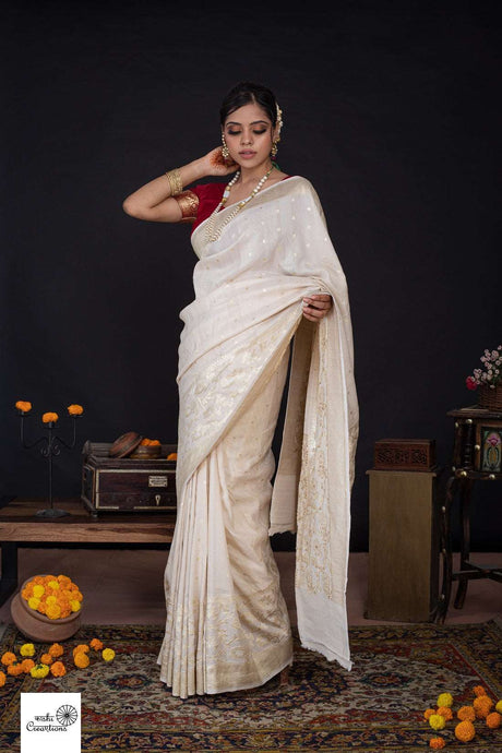 Ivory Pure Tussar Georgette Silk Textured Handloom Banarasi Saree