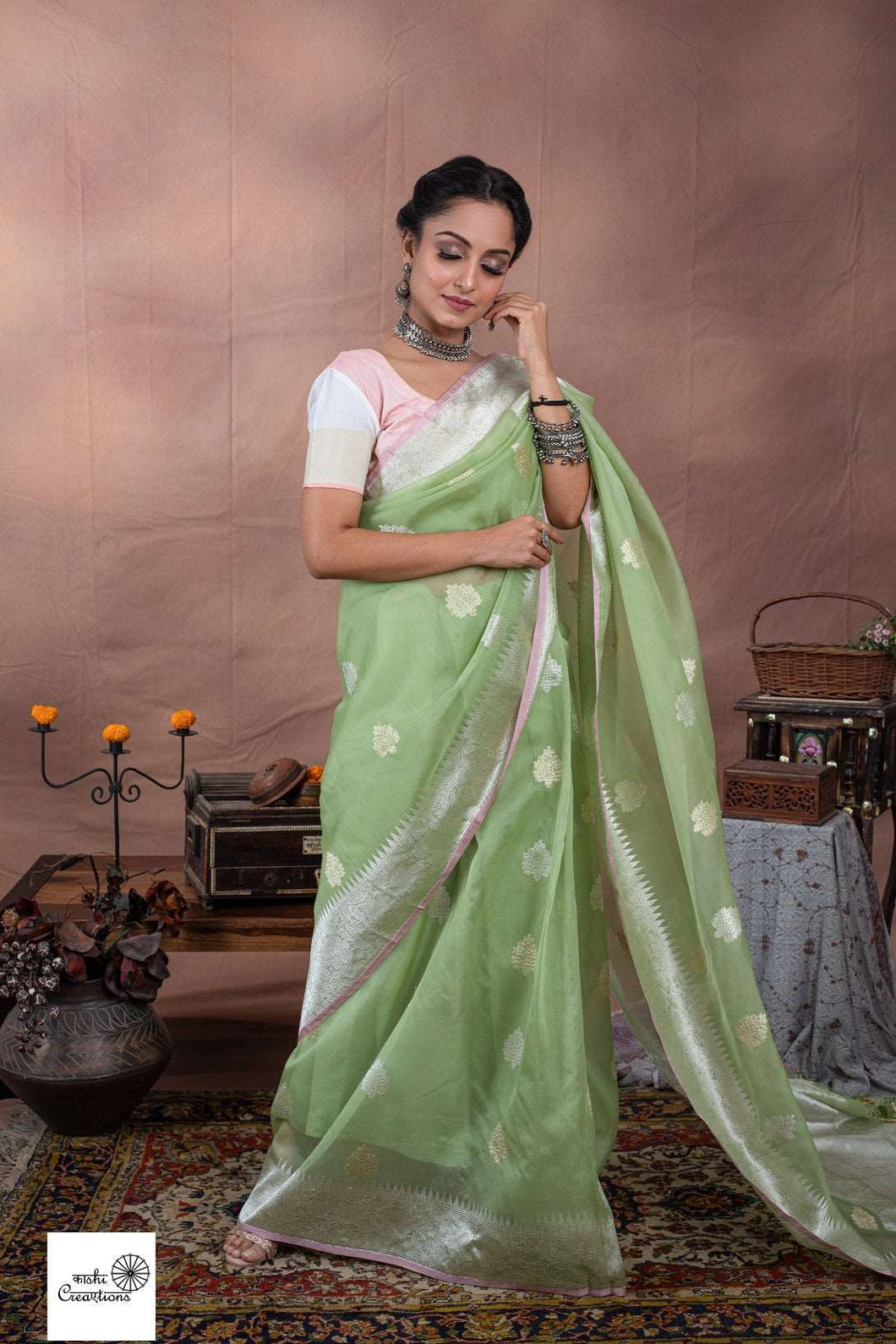 Mint Green Pure Kora Silk Kadhwa Handwoven Banarasi Saree