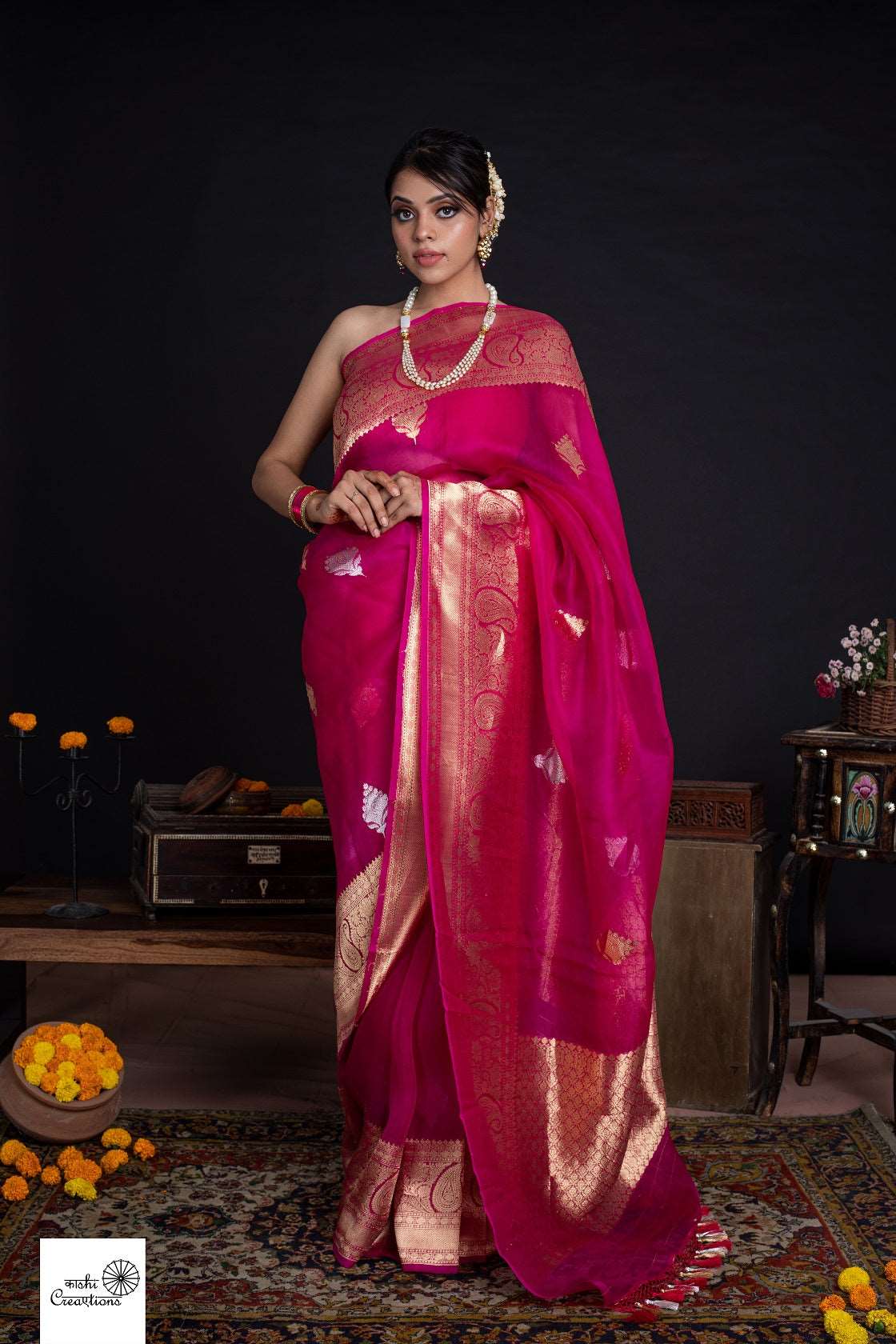 Magenta Pink Pure Kora Silk Handloom khadwa Booti Border Bnarasi Saree